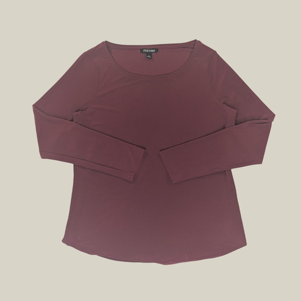 Roz & Ali Top Size M Red Long Sleeve Stretchy Scoop Neck Minimalist Office Wear
